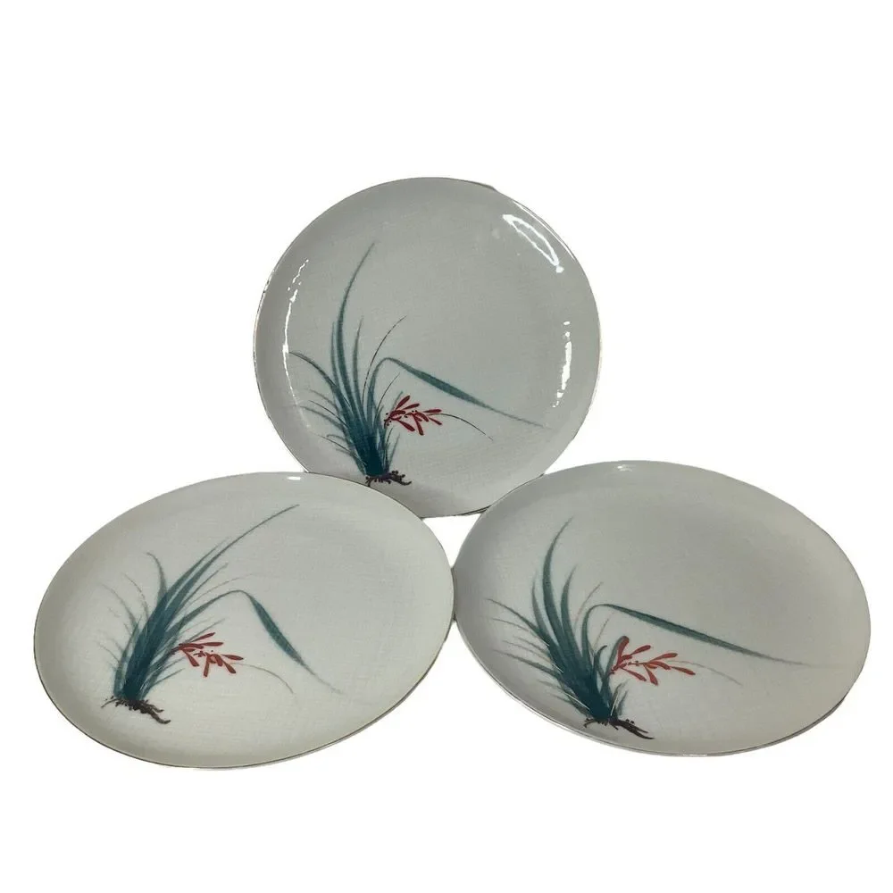 Vtg 3 Nunome China Dinner Plates 10 in Grass‎ Red Flower Gray Plaid Japan OOAK